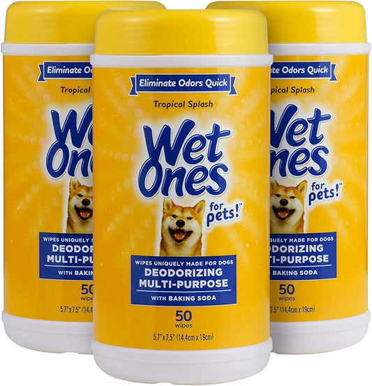 Wet Ones for Pets Deodorizing Multi-Purpose Dog Wipes with Baking Soda, 50 Count - 3 Pack| Dog Deodorizing Wipes for All Dogs in Tropical Splash Scent, Wipes for Deodorizing Dogs