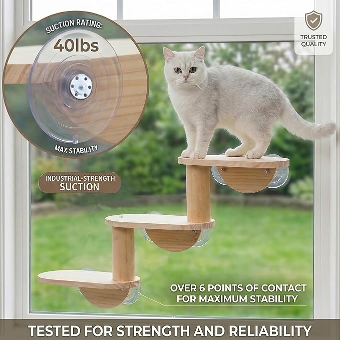 Cat Window Ladder 3-Levels for Indoor Cats Climbing Wood Window Shelf Cats Play and Watch Birds