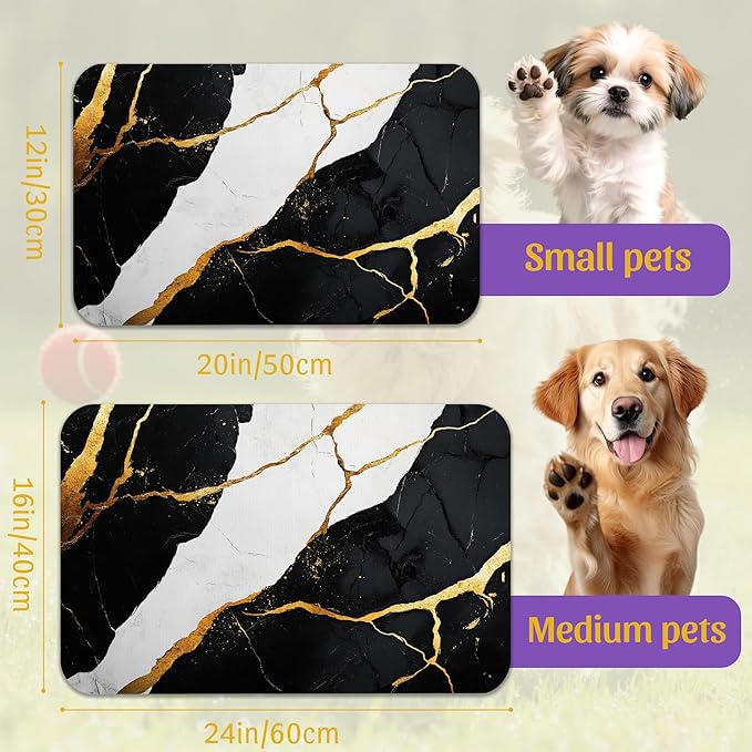 Black Gold Marble Dog and Cat Food Mat, Absorbent Feeding Placemat, Waterproof Non-Skid Rubber Backing, No Stains Pet Supplies – 16x24 Inch