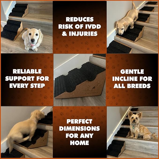 Dog Steps – Soft Grip Carpet Pet Ramp, Grooved Safety Step for Confident Climbing, Natural Cork Ramp for Dogs, Cats & Small Pets Mobility Assist (Pack of 5)