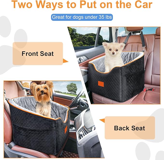XIEEAOZEE Dog Car Seat for Small Dogs, Memory Foam Booster Dog Seat for Dogs up to 35 lbs, Elevated Pet Car Seat with Washable Removable Cover, Storage Pockets(Black/Gray)