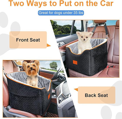 XIEEAOZEE Dog Car Seat for Small Dogs, Memory Foam Booster Dog Seat for Dogs up to 35 lbs, Elevated Pet Car Seat with Washable Removable Cover, Storage Pockets(Black/Gray)