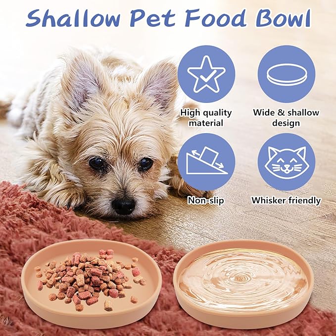 Fhiny 2 PCS Silicone Cat Food Bowls Shallow Dog Bowl 7" Non-Slip Pet Feeding Dishes for Dry and Wet Food Whisker Fatigue Cat Plates for Kitten Puppy and Small Pets (Orange)