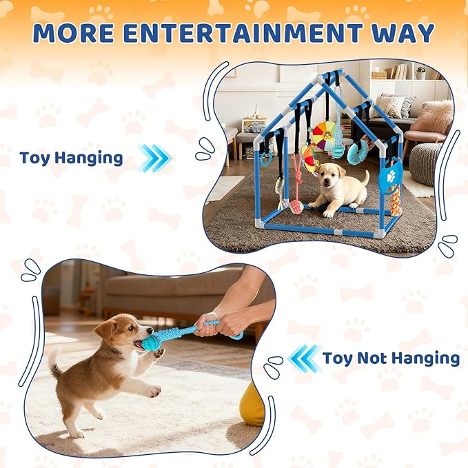Large Puppy Play Gym & 10 Hanging Toys Indoor Play Gym Interactive Dog Toys for Boredom Enrichment Activity for Small Dog Teething PVC Frame Stretchy Rope with Velcro (Blue,33.5 x 28.5 x 19.6 inch)