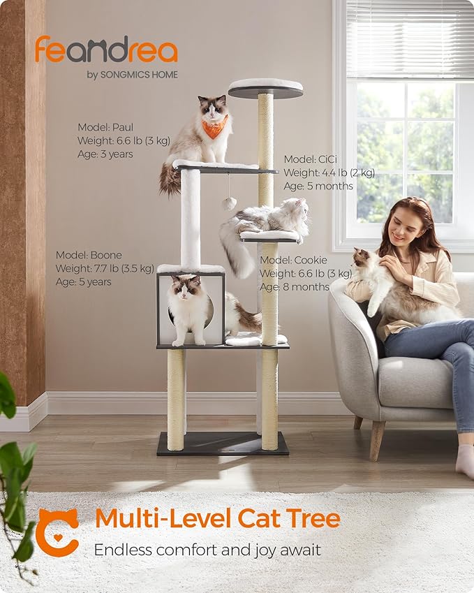 Feandrea Cat Tree, 65-Inch Modern Cat Tower for Indoor Cats, Multi-Level Cat Condo with 5 Scratching Posts, Perch, Washable Removable Cushions, Cat Furniture, Misty Gray UPCT166G03