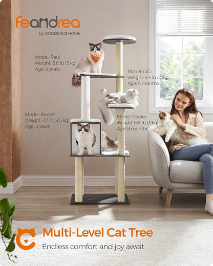 Feandrea Cat Tree, 65-Inch Modern Cat Tower for Indoor Cats, Multi-Level Cat Condo with 5 Scratching Posts, Perch, Washable Removable Cushions, Cat Furniture, Misty Gray UPCT166G03
