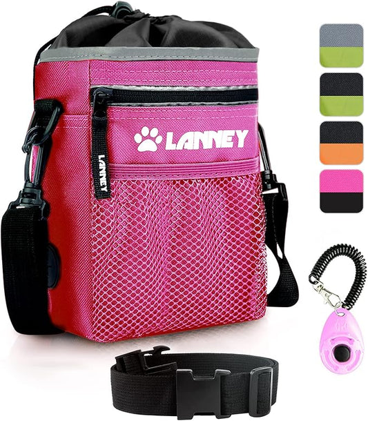 Dog Treat Pouch Pet Training Bag for Small to Large Dogs, Treat Tote Carry Kibble Snacks Toys for Training Reward Walking, Metal Clip, Waist belt, Shoulder Strap, Poop Bag Dispenser and Clicker