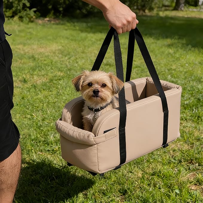 Waterproof Faux Leather Center Console Dog Car Seat, 2-in-1 Portable Puppy Carrier & Armrest Booster Seat for Small Dogs, Easy-to-Clean Tech Fabric, Sturdy Cushioned, Anti-Collapse Walls, Under 11 lbs