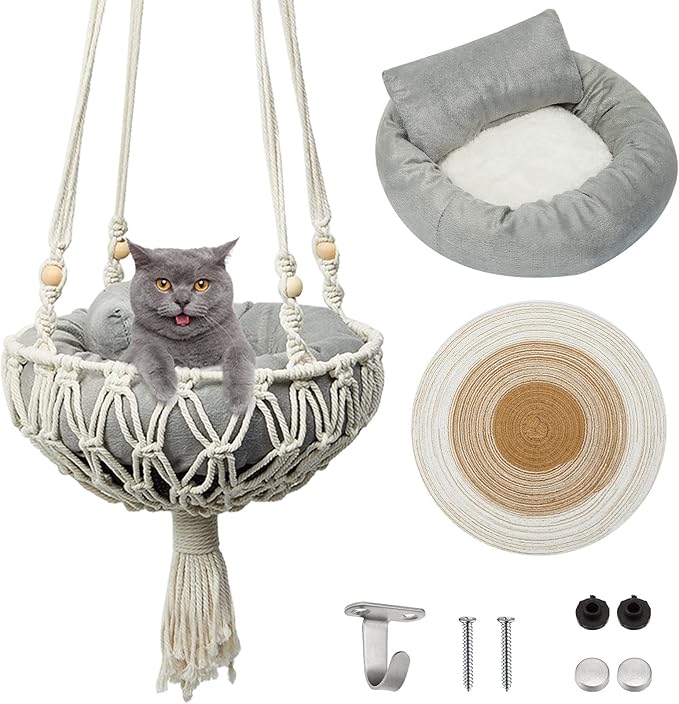 Juexica 3 Pcs Macrame Cat Hammock, Including Hanging Kitten Bed Scratcher Scratch Pad Swing Bed for Small Cat Small Dog(40 x 12 Inch,Cute Style)