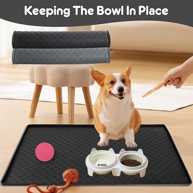 Silicone Dog Dish Mat for Food and Water - 23.6" *15.7" Waterproof Slip Pet Feeding Mat with Raised Edges to Prevent Messes on Floor (Black)