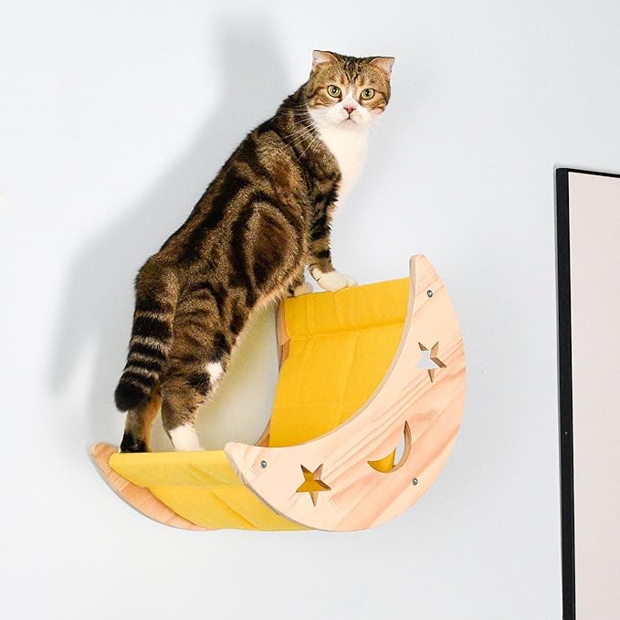 Cat Hammock Moon Bed Wall Mounted Shelf Hammock Shelves and Perches Solid Wood Furniture Platforms Beds Hanging for Cats and Kitty Easy Installation-Single Moon