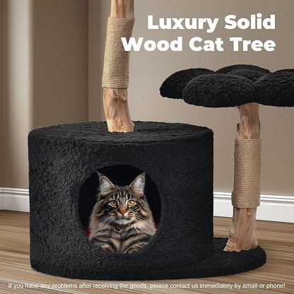 Easyego Modern Cat Tree, 35.5" Aesthetic Wood Cat Tree Tower for Large Cats, Luxury Cat Condo with Scratching Posts and Flower Platforms, Cat Furniture, Black