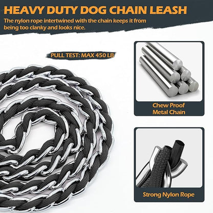 Chain Dog Leash Chew Proof Metal Leash for Medium Large Dogs, Chain Link Dog Anti Chew 5.2FT / 4FT Strong Anti Bite Comfortable Soft Padded Handle (Black, 5FT(30-80lb)