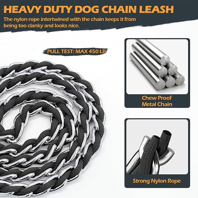 Chain Dog Leash Chew Proof Metal Leash for Medium Large Dogs, Chain Link Dog Anti Chew 5.2FT / 4FT Strong Anti Bite Comfortable Soft Padded Handle (Black, 4FT(30-80lb)
