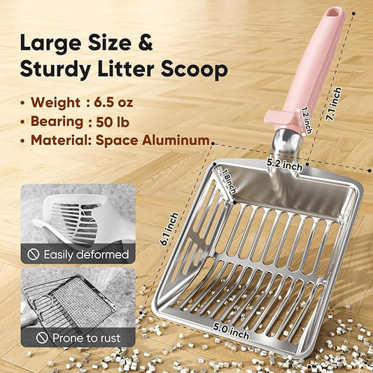 Metal Cat Litter Scoop, Large Cat Scooper with Deep Shovel & Dual Sifting Holes for Fast & Precise Sifting, Space Aluminum Kitty Litter Scooper with Long Handle & Easy-to-Hang Hook - Pink