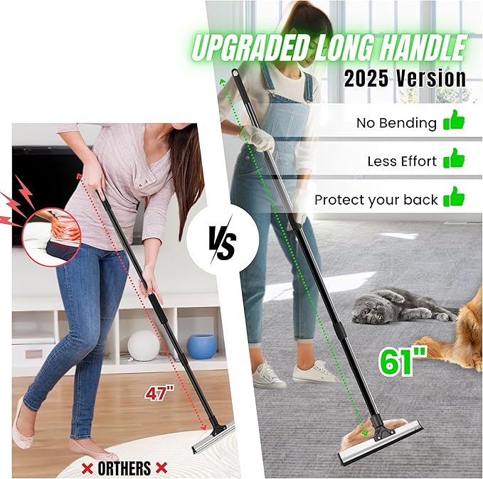 2025 Dual-Edge Carpet Rake for Pet Hair Removal & Fluffing Matted Carpet – 61" Adjustable Handle, Deep Clean Dog & Cat Hair Remover, Reusable Scraper for Rugs, Low Pile Carpet, Couch & Stairs (Set 3)