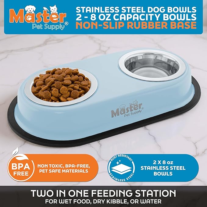 Master Pet Supply Double Dog Bowls Set with Elevated Base and 2 (8 oz) Stainless Steel Removable Dishes (Glacier Blue) – Double Cat Food Water Bowl, Dog Puppy Food Bowl Set, Rust Resistant