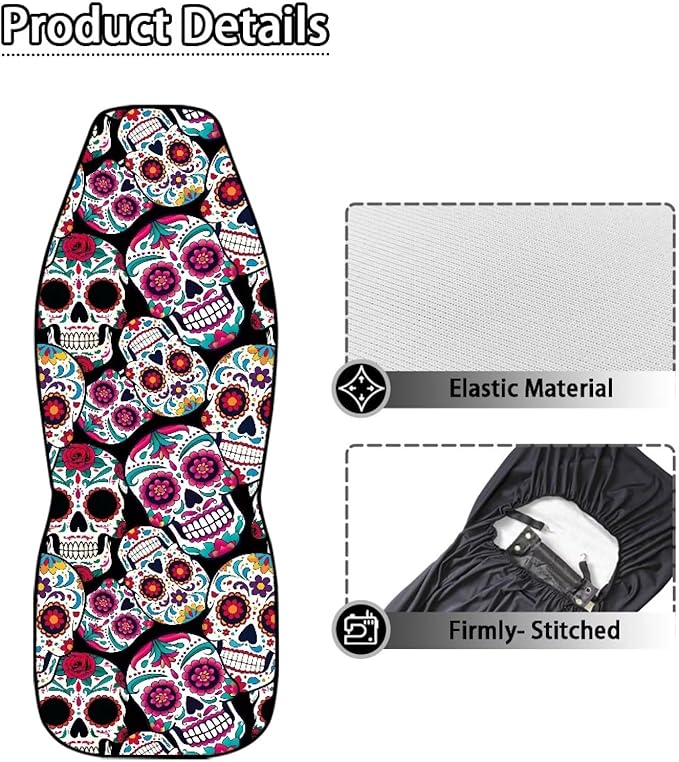 Dreaweet Sugar Skull Design Seat Covers for Cars Halloween Car Accessories Interior 2 Piece Easy Installation Elastic Front Car Seat Cover Washable Universal Fit SUV Sedan Trucks