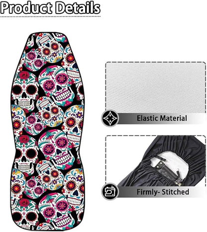 Dreaweet Sugar Skull Design Seat Covers for Cars Halloween Car Accessories Interior 2 Piece Easy Installation Elastic Front Car Seat Cover Washable Universal Fit SUV Sedan Trucks