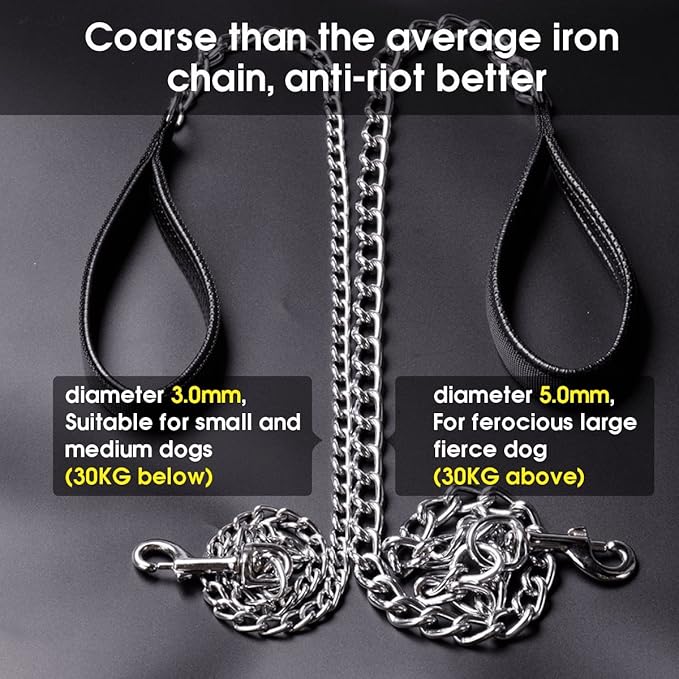 CtopoGo Premium Chain Heavy Duty Dog Leash - Soft Padded Leather Handle Lead - Perfect Basic Leashes Specifically Designed for Over 30KG Large Size Pets Walking (4 ft. x 5.0 mm (60-200 lbs.))
