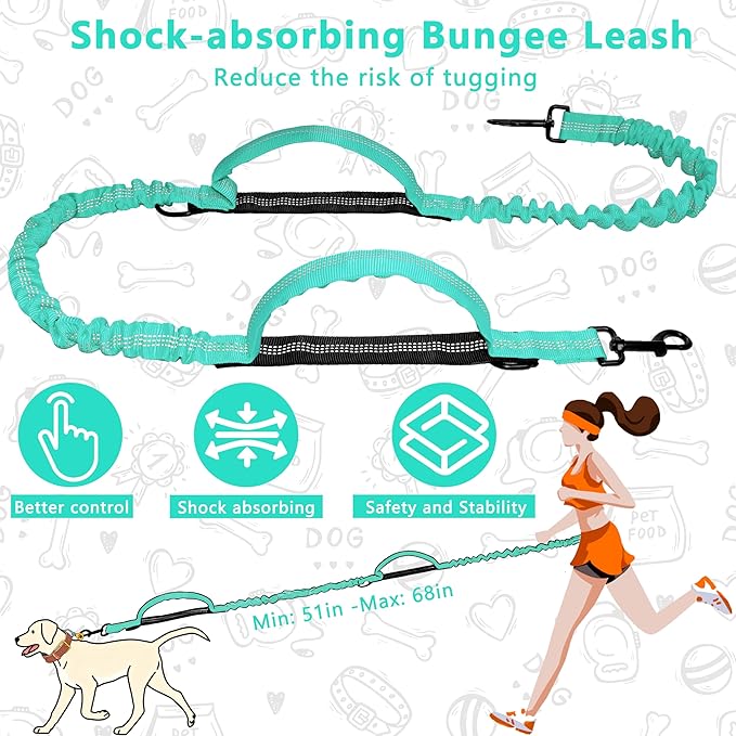 Hands Free Dog Leash with Zipper Pouch, Running Waist Leash for Dog Walking, Adjustable Waist Belt for Large Dogs, Reflective Bungee Design with Two Handle for Hiking, Training, Teal