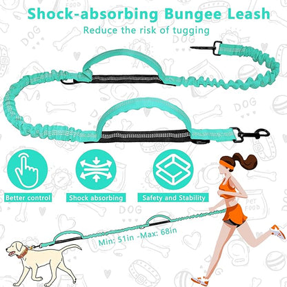 Hands Free Dog Leash with Zipper Pouch, Running Waist Leash for Dog Walking, Adjustable Waist Belt for Large Dogs, Reflective Bungee Design with Two Handle for Hiking, Training, Teal