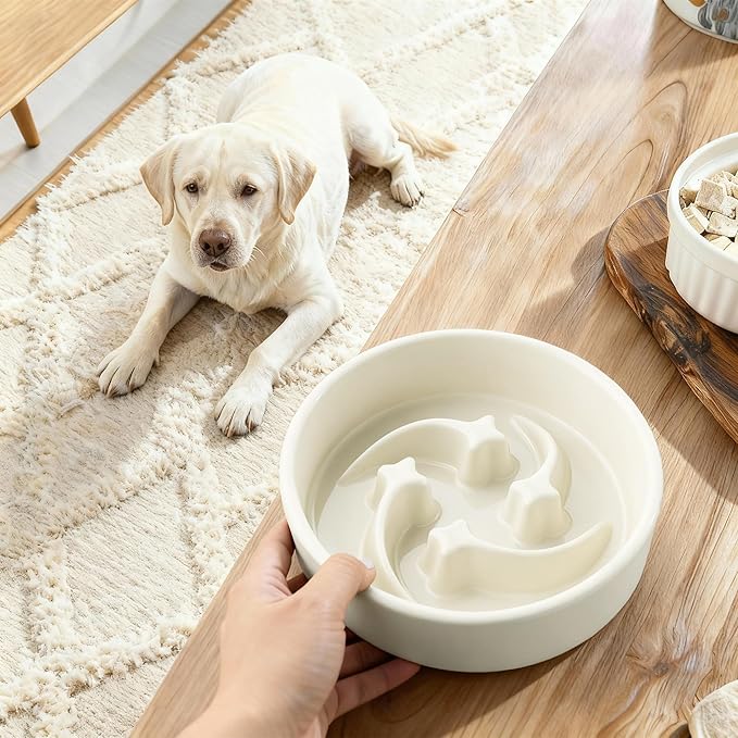 Ceramic Slow Feeder Dog Bowls Small Breed, 0.6 Cups Slow Eating Dog Bowl, Anti-Gulping Puppy Food Bowl Reduce Choking, Puzzle Maze Design Pet Dishes for Fast Eaters, 6.3 inch - Beige