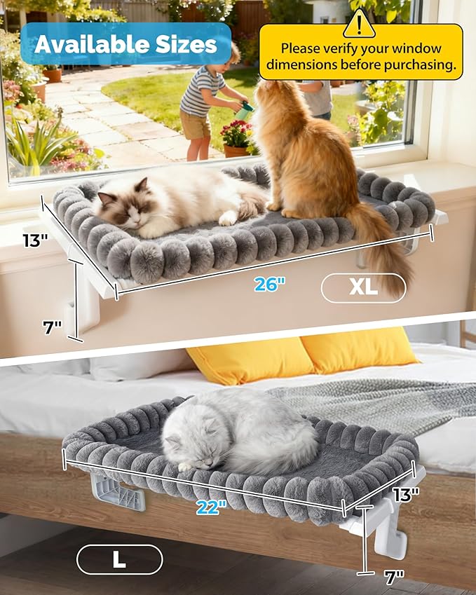 Heavy-Duty Cat Window Perch – Soft, Cozy & Warm Plush Cover with Raised Edge – Durable, Easy-to-Assemble Cat Hammock for Large & Multiple Cats (L, with Raised Edge)