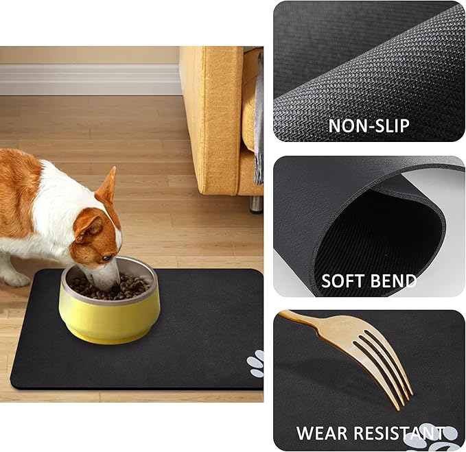 YCT Pet Cat Food Mats - Non Slip Super Absorbent, with Footprints Logo, 24 x 16.9 inches, Brown