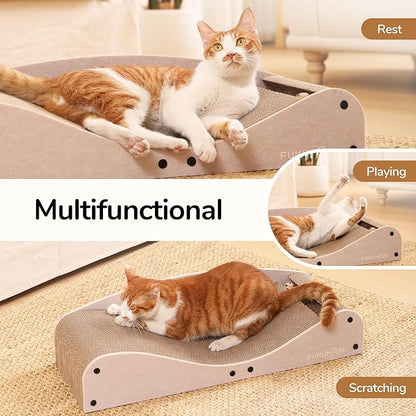 FUKUMARU Cardboard Cat Scratcher Bed, Extra Long 29.1 Inch Cat Scratch Bed Couch Indoor, Natural Felt Multifunctional Cats Scratching Lounger, Horizontal Kitten Cats Scratch Pad with Ball Toy, Camel