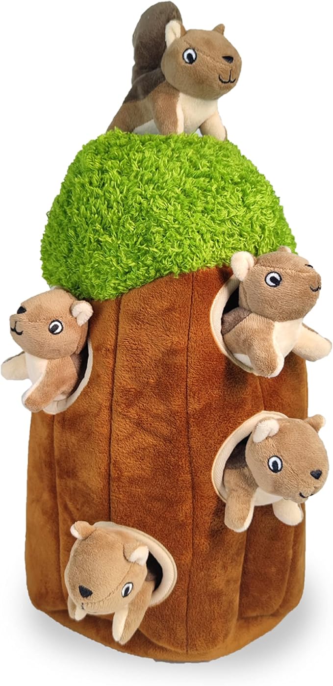 Glow Pups Hide and Seek Dog Toy Squirrel in Tree Trunk, Plush Interactive Burrow Dog Toy with Squeaker, Promotes Mental Stimulation, Easy to Clean, Woodland Style, Large (Brown)