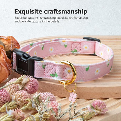 Cotton Handmade Dog Collar Cute and Distinctive Patterns Pink Flower with Pendant for Girl Boy Dogs Collars L