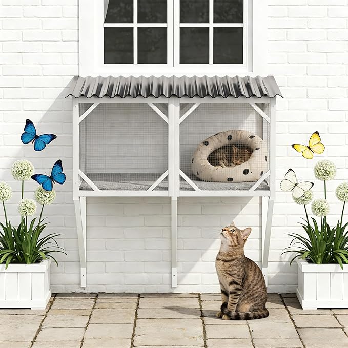 Cat Window Box Catio Outdoor Pet Patio with Bug Proof Net for Sunbathing, Napping＆Bird Watching Cat Outside Enclosure no Drill Window Perch for Indoor Cats for Apartments, Grey/White (White)