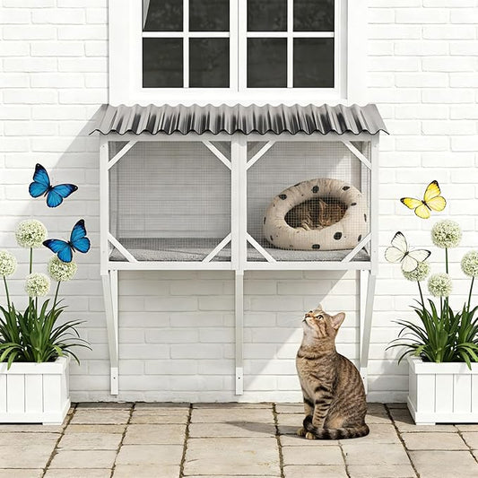 Cat Window Box Catio Outdoor Pet Patio with Bug Proof Net for Sunbathing, Napping＆Bird Watching Cat Outside Enclosure no Drill Window Perch for Indoor Cats for Apartments, Grey/White (White)