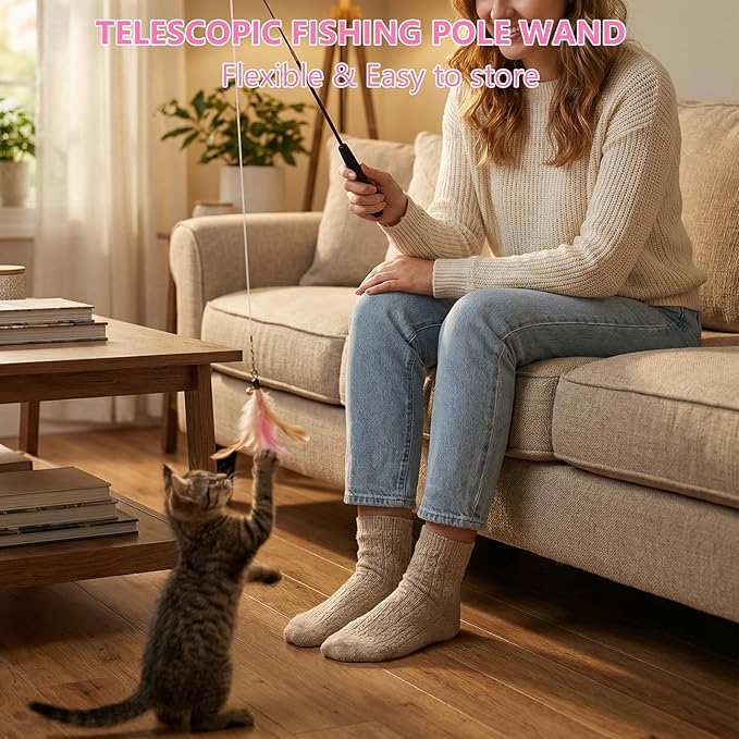 Hypeety Cat Toys for Indoor Cats Interactive Retractable Fishing Pole Wand with Refills Feathers Cat Teaser Wand with Feathers Cute and Funny Cat Toy Wand for Playtime Chase and Exercise 10PCS