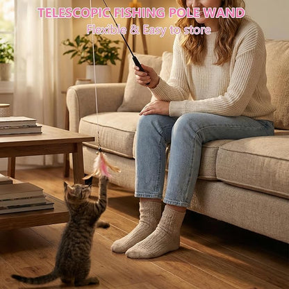 Hypeety Cat Toys for Indoor Cats Interactive Retractable Fishing Pole Wand with Refills Feathers Cat Teaser Wand with Feathers Cute and Funny Cat Toy Wand for Playtime Chase and Exercise 10PCS
