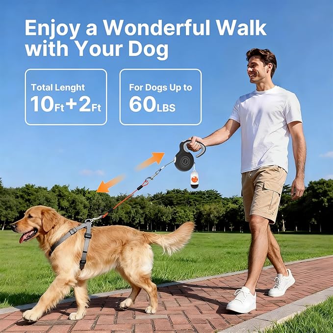 10Ft Auto-Brake Retractable Dog Leash with Chew-Proof Steel Cable, 360° Tangle-Free, Shock Absorbing, Built-in Poop Bag Dispenser, Ergonomic Comfort Grip Handle for Small Medium Dogs Up to 60lbs