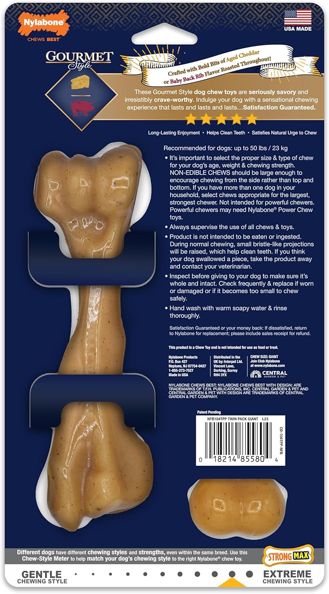 Nylabone Gourmet Style Strong Chew Toy Bundle, Toys for Dogs, Baby Back Ribs & Aged Cheddar Flavor, Large - Up to 50 lbs, 2 Pack