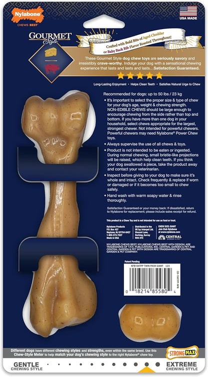 Nylabone Gourmet Style Strong Chew Toy Bundle, Toys for Dogs, Baby Back Ribs & Aged Cheddar Flavor, Large - Up to 50 lbs, 2 Pack