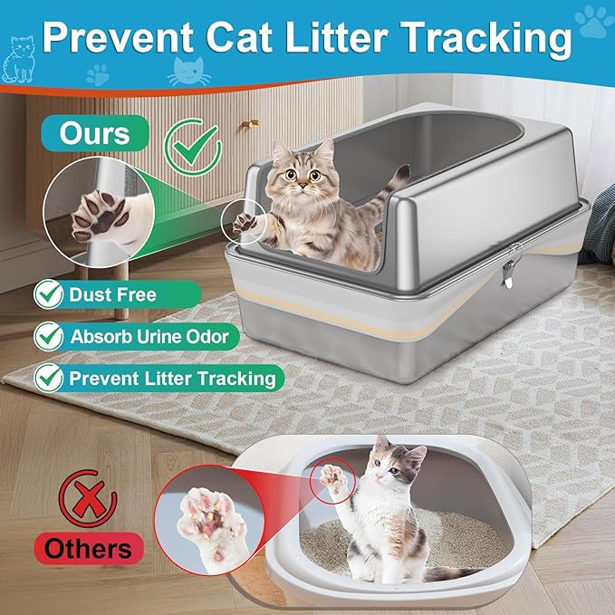 All Stainless Steel Sifting Litter Box with Lid,XL Extra Large Metal Sifting Cat Litter Box for Pine Pellets,High Sides Sifter Litter Pan System for Big Cats,Odor Control,Sifting Box Liners and Scoop