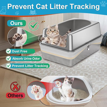 All Stainless Steel Sifting Litter Box with Lid,XL Extra Large Metal Sifting Cat Litter Box for Pine Pellets,High Sides Sifter Litter Pan System for Big Cats,Odor Control,Sifting Box Liners and Scoop