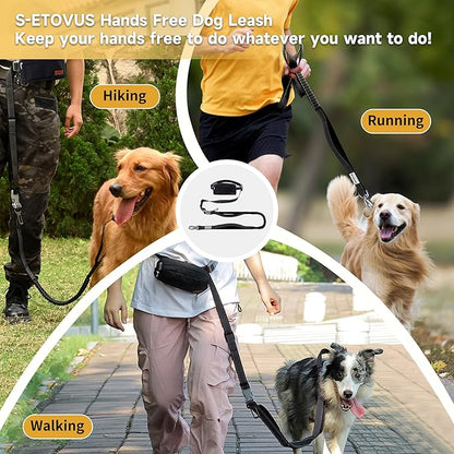 Hands Free Dog Leash with Zipper Pouch, Double Handle Running Reflective Bungee Waist Leash for Dog Walking, Training and Hiking for Small Medium Large Dogs (Black)