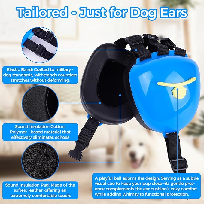 New Dog Ear Muffs for Noise Protection - 30dB NRR Dog Headphones, Noise Cancelling Hearing Protection Against Thunder/Fireworks/Vacuums, Upgraded Design with Bell Accent (Blue, Medium)