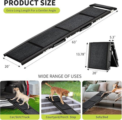 GarveeLife 63 in Long Dog Ramp for Cars, 20 in Wide Folding Pet Ramp for Large Dogs with Non-Slip Surface Portable Dog Car Ramp for SUV Car & Truck, Outdoor Dog Ramp Up to 250 LBS