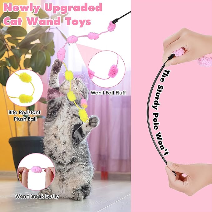 cobee Cat String Toys, 3 Pack Interactive Cat Teaser Wand String Toys Colorful Ribbon with Furry Plush Balls for Kittens Stick Cat Toys for Indoor, Cats to Play Chase Exercise