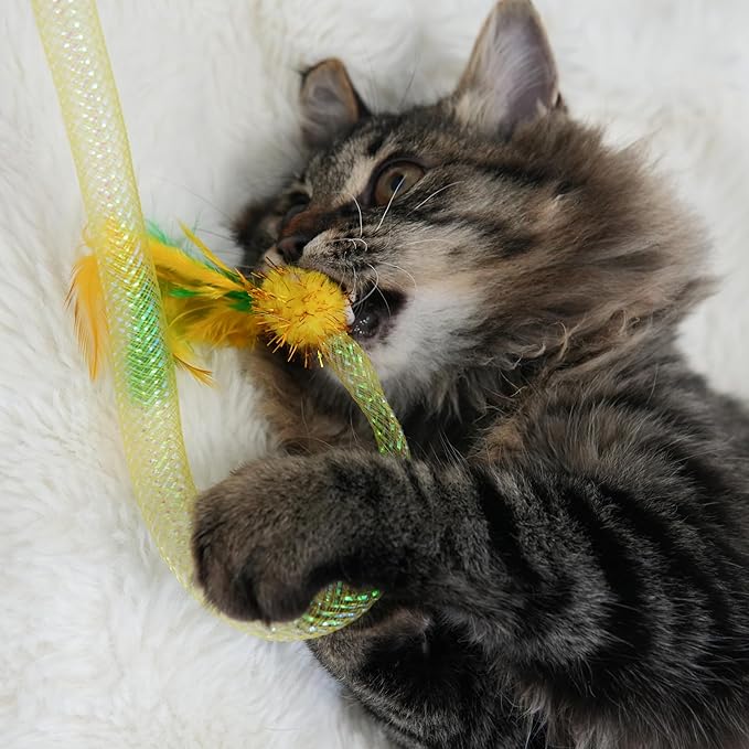 Interactive Cat Wand Toy 3 Pack, Woven Mesh Fishing Pole with Feathers Bell & Pom Pom, Teaser Wand for Bored Indoor Cats and Kittens, Exercise Toy to Stimulate Hunting Instinct — Pink Yellow Orange