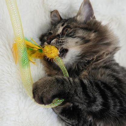 Interactive Cat Wand Toy 3 Pack, Woven Mesh Fishing Pole with Feathers Bell & Pom Pom, Teaser Wand for Bored Indoor Cats and Kittens, Exercise Toy to Stimulate Hunting Instinct — Pink Yellow Orange