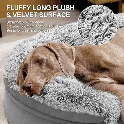 Fluffy 3.7 inch Thickened Orthopedic Dog Beds for Large Dogs, Supportive Dog Sofa Bed with 28D Egg-Crate Foam, Removable Washable Plush Cover, Waterproof Lining, Cozy Oval Design, Grey