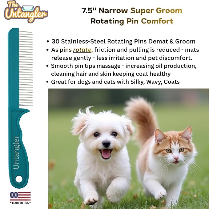 Super-Groom Combs with Smooth Rotating Teeth for Painless Mat Removal (30 Fine-Spaced Teeth, Teal Green)