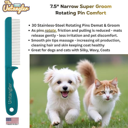 Super-Groom Combs with Smooth Rotating Teeth for Painless Mat Removal (30 Fine-Spaced Teeth, Teal Green)